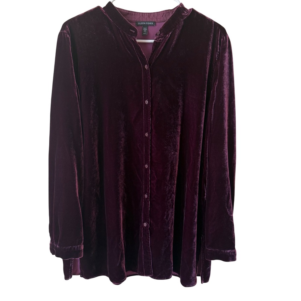 Eileen Fisher Silk Velvet Button Down Tunic M Purple Mandarin Collar Holiday